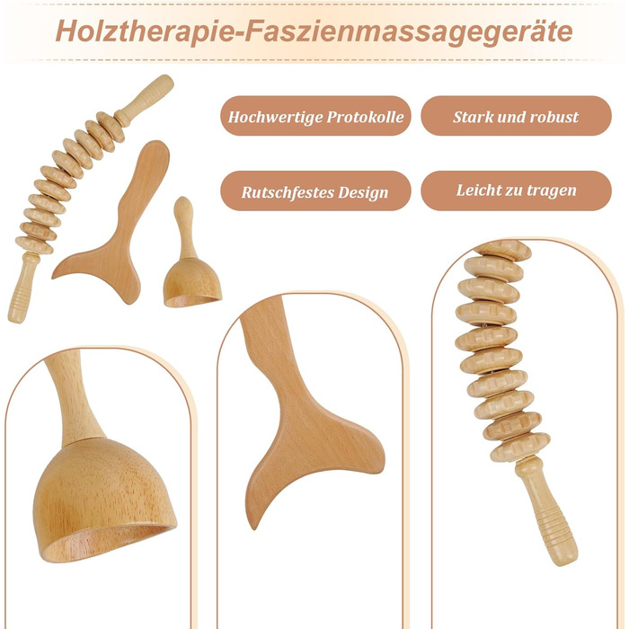 Інструменти для масажу дерев'яною терапієюНабір для мадеротерапії Антицелюлітний масажер Масажна роликова паличка Лімфодренажний пристрій Масажер для ніг, 3 шт.