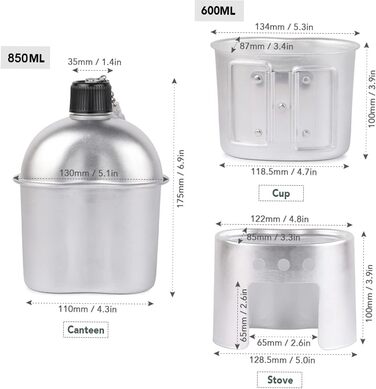 Набір пляшок для води Lixada, армійський, набір алюмінієвого посуду з 3 предметів, армійський, їдальня, дров'яна піч, набір із захисним чохлом для кемпінгу, походів, рюкзака 1-3 шт.