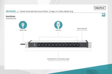 Подовжувач живлення DIGITUS 19 - - 1U - 250 В змінного струму - 50/60 Гц - 16 А - 4000 Вт (12 кранів, крани C13, версія IEC)