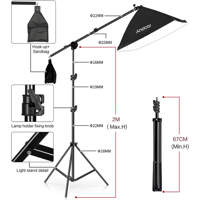 Набір софтбокс Фотостудія, Комплект освітлення Andoer 3 x 50 x 70 см з 3 фотолампами 135 Вт, 3 світловими штативами 2M, штангою для YouTube, запис відео Tiktok, студійні портрети, фотографія