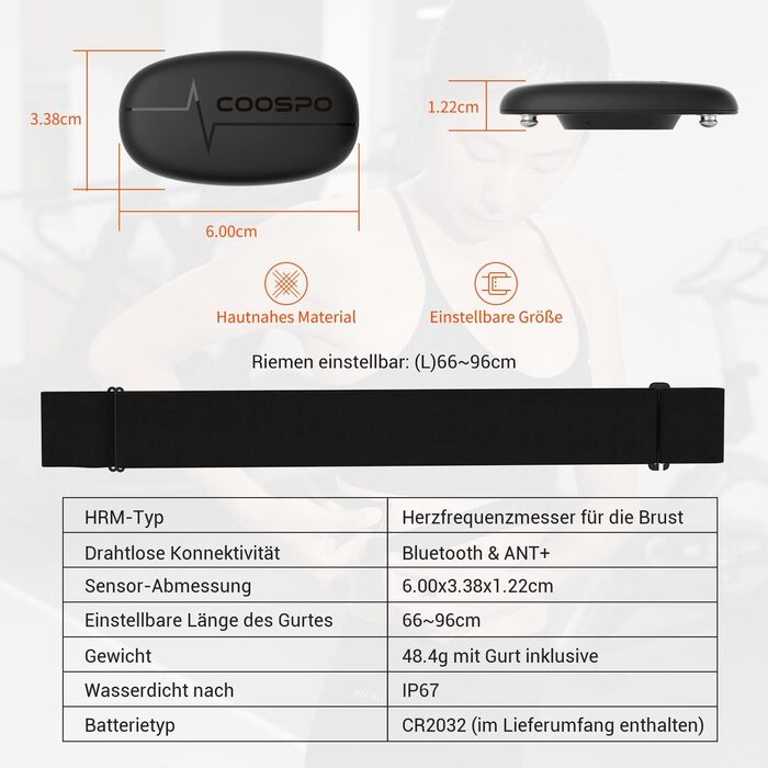 Монітор серцевого ритму COOSPO H6M з нагрудним ременем, Bluetooth та ANT, водонепроникний IP67