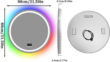 Дзеркало для ванної кімнати LUVODI кругле з Bluetooth кругле дзеркало 80 см з RGB-підсвіткою, цифрове дзеркало для макіяжу у ванній кімнаті, 4 сенсорні перемикачі 3 кольори світла з регулюванням яскравості IP66 Функція пам'яті незапотевання Rgb Bluetooth 