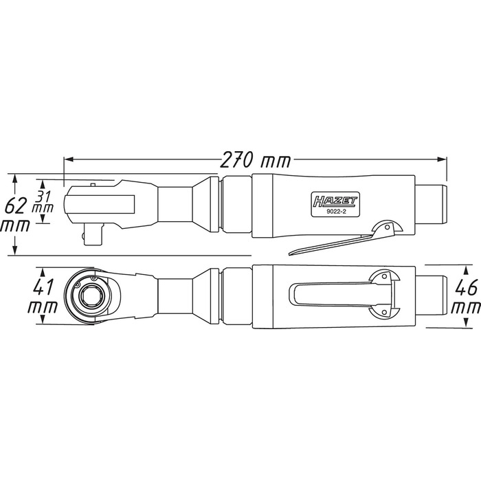 Викрутка з храповиком HAZET 9022-2, квадратний шліц 1/2 дюйма, довжина 270 мм, з низьким рівнем вібрації, з пневматичним приводом