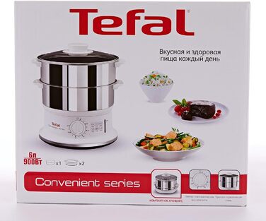 Відпарювач Tefal VC1451 2 контейнери з нержавіючої сталі Ємність 6 л Діаметр 24 см Таймер і автоматичне відключення 900 Вт Біла ЗРУЧНА СЕРІЯ