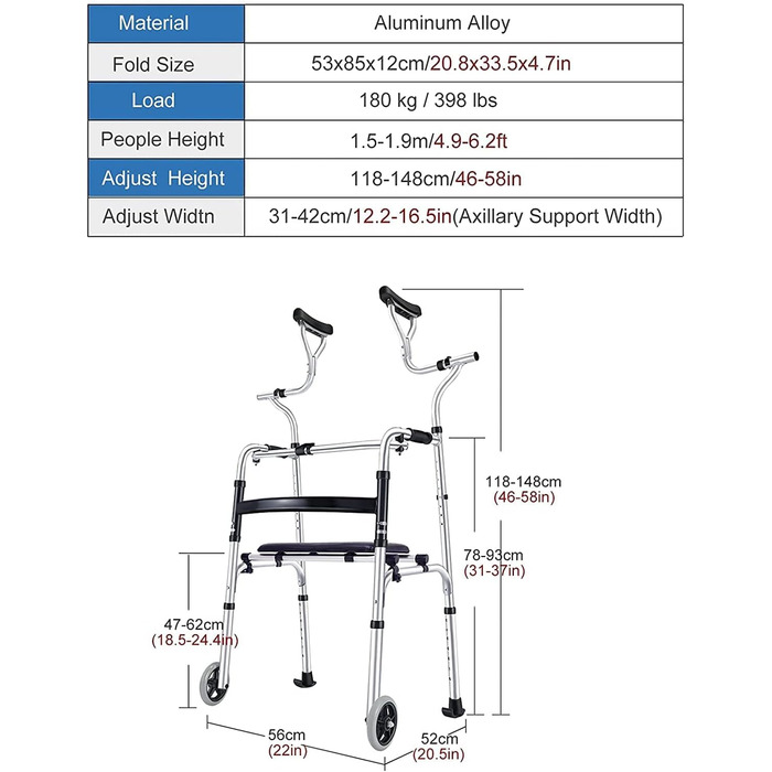 Регульований по висоті візок для людей похилого віку з підтримкою сидіння та пахв, розбірний допоміжний засіб для ходьби для високих людей, дорослих, прикраса