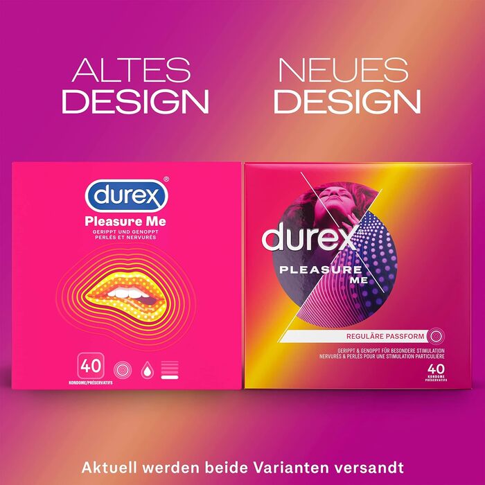 Презервативи Durex Pleasure Me з виступами та ребрами, анатомічної форми, зволожені великою кількістю силіконової змазки 40 упаковок (1 x 40 шт. )