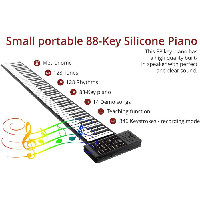 Складане піаніно можна згорнути для транспортування - Літій-іонний акумулятор - Практичне та легке - Чудове для подорожей - Підходить для дітей та дорослих - В комплекті зарядний кабель та педаль, 88 Roll Piano -