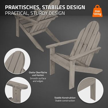 Набір стільців ECD Germany Adirondack з 2 шт. з масиву ялини, 92,5x70x89 см, сірий, садовий стілець зі спинкою та підлокітниками, ергономічний дерев'яний стілець, садове крісло, крісло для відпочинку для балкона, саду, пляжу 2 шт. садовий стілець Adironda