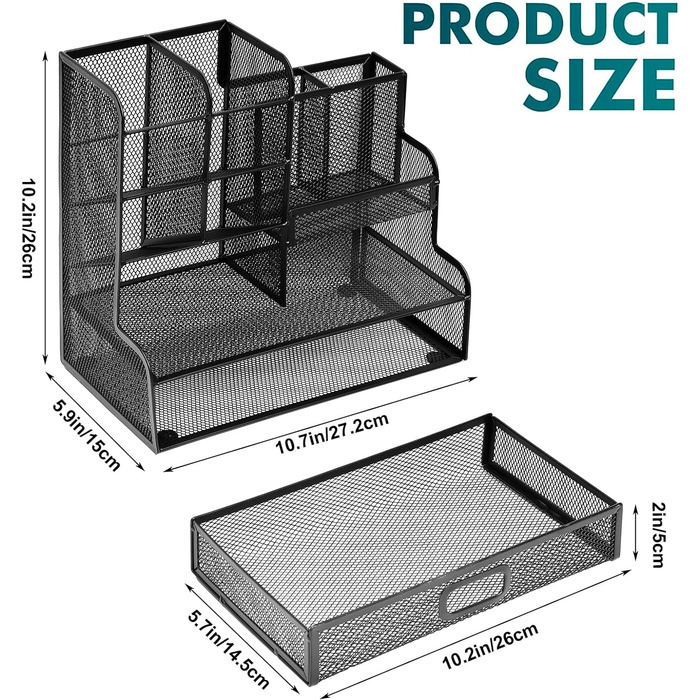 Органайзер для ручок Vikmyer Mesh з висувним ящиком, багатофункціональний тримач для олівців для столу, настільний органайзер та аксесуари для офісу, школи, мистецтва та аксесуарів (M)