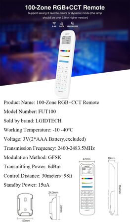 Пульт дистанційного керування LGIDTECH FUT100 Miboxer 100-Zone RGB CCT, сумісний з продуктами Miboxer/Milight 2.4G