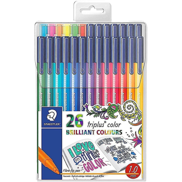 Фломастери STAEDTLER triplus color 323 TB26JB, трикутні, набір 26 яскравих кольорів, акція 20 6 безкоштовно, висока якість, стабільний, стійкий наконечник, ширина лінії приблизно 1 мм 26 шт. (1 упаковка) пластиковий кейс