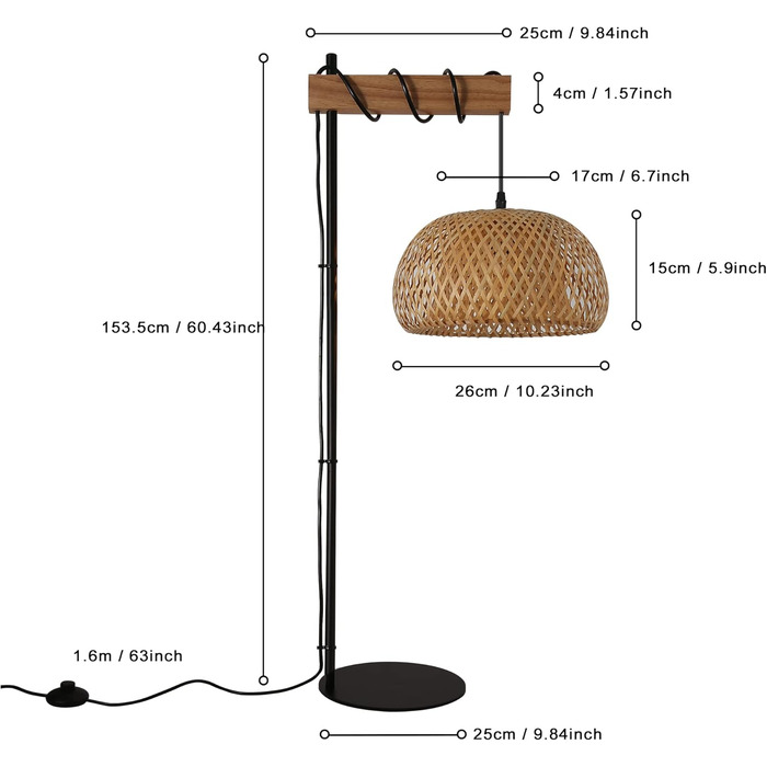 Торшер SUNLLOK Boho Ротанг для вітальні, промисловий бамбуковий абажур Дерев'яний торшер з ножним вимикачем, сучасне чорне плетене високе світло для кухні Острів Спальня Офіс
