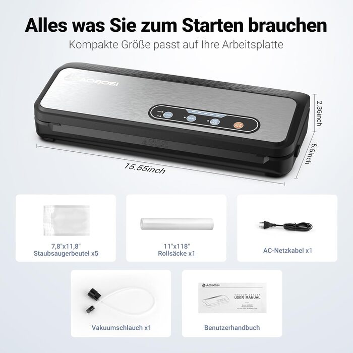 Вакуумний пакувальник Aobosi, 90Kpa 8-в-1 для сухих/вологих продуктів, включаючи різак і пакет для зберігання, рулон мішка та 5 попередньо нарізаних пакетів, вакуумний шланг для вакуумного прес-підбирача каністри
