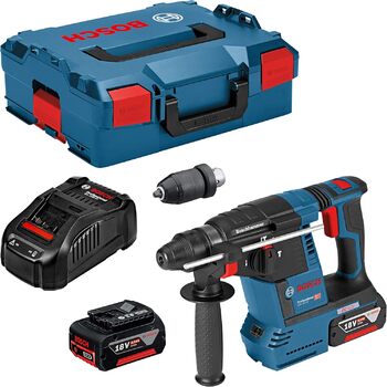 Акумуляторний перфоратор Bosch Professional 18V System GBH 18V-26 F (у комплекті 2х6,0Ач, GAL 1880 CV, додаткова рукоятка, обмежувач глибини, машинна серветка, швидкозатискний патрон SDS plus, пластина, L-BOXX)