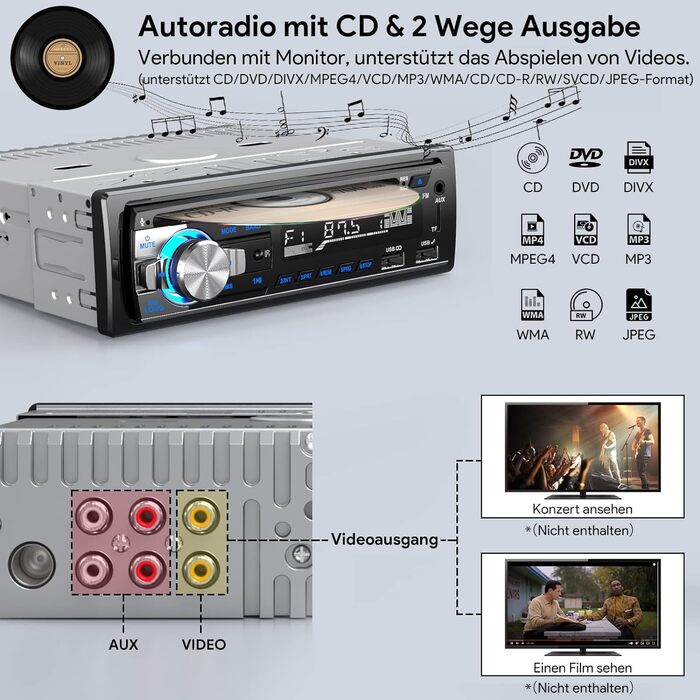 Автомобільна стереосистема CENXINY з CD Bluetooth, автомагнітола RDS з системою гучного зв'язку Bluetooth 1 автомобільний стереофонічний MP3-плеєр DIN/FM-радіо, 2 порти USB для відтворення музики та заряджання (з програвачем компакт-дисків)