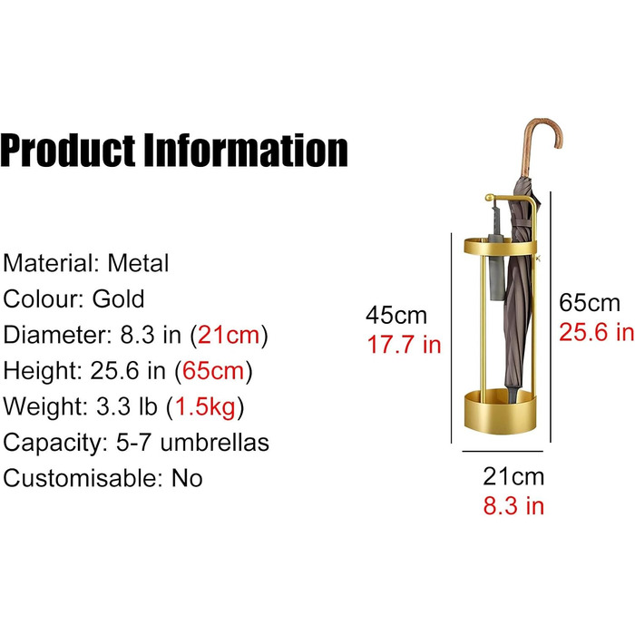 Тримач для парасольок AWMYEZOU Підставка для парасольок з металу, видовбана підставка для парасольки з ручкою-гачком, круглий тримач для парасольки з міцним корпусом, для маленьких і великих парасольок Іграшки (колір золото) Золото Один розмір підходить д