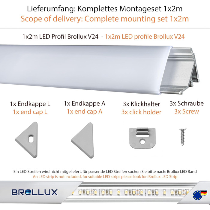 Світлодіодний кутовий профіль Brollux V24, комплект 5м (5x1м) Світлодіодний алюмінієвий профіль 45 градусів кутовий алюміній для світлодіодів Стрічка без лампочки (профіль 2 м з аксесуарами)