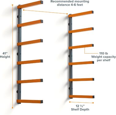 Дерев'яний органайзер Bora та дерев'яна металева полиця для зберігання з 6-рівневим настінним кронштейном - внутрішня та зовнішня, помаранчевий PBR-001 Помаранчевий промисловий
