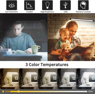 Настільна лампа світлодіодна, затискна лампа архітектора з можливістю затемнення з поворотним кронштейном, функцією пам'яті та портом USB, 3 колірними температурами та 10 рівнями яскравості для читання, роботи, навчання, 12 Вт чорний