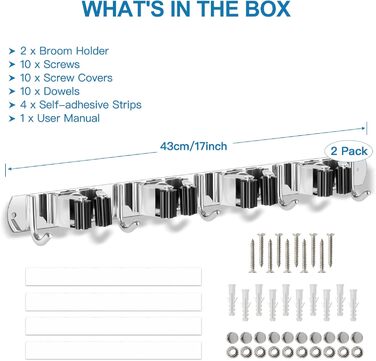 Частини тримач мітли настінний, тримач для інструментів з нержавіючої сталі з 4 тримачами та 5 гачками, тримач для садового інструменту тримач швабри настінний кронштейн самоклеючий тримач інструменту настінний гачок для ванної кімнати сад гараж 2 шт. и 4