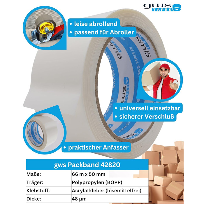 Стрічка для посилок GWS Малошумна універсальна клейка стрічка для пакування пакетів Висока адгезійна міцність, професійна якість 66 м довжина 50 мм ширина (білий, 2)