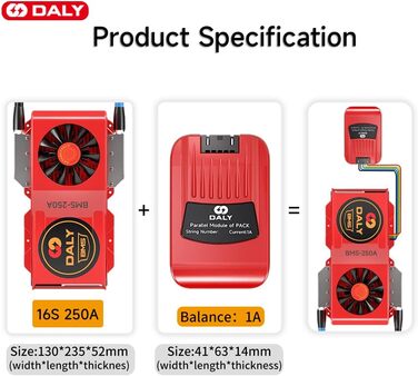 Паралельний модуль DALY BMS 1 A з вентилятором Smart BMS LiFePo4 16S 48 В 250 А та CAN-портом, Smart BMS Bluetooth ключ для літієвих акумуляторів 3,2 В, інвертор, ДБЖ та домашня система зберігання Lifepo4 16S 48V CAN BT 250A вентиляторпаралельний Module1A