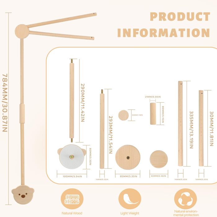 Мобільний кронштейн Дерев'яний для дитячого ліжка Мобільний пеленальний столик Ведмідь Мобільний кронштейн Пеленальний столик Мобільний дитячий дерев'яний регульований для дитячого ліжка та манежу