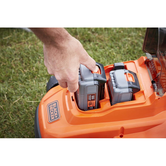 Акумуляторна газонокосарка BlackDecker BCMW33184L2 (живлення від 2 акумуляторів 18 В, 4,0 Ач, ширина зрізу 33 см, для газонів середнього розміру до 400 м, 5-позиційне регулювання висоти, в комплекті 2 акумулятора, зарядний пристрій)