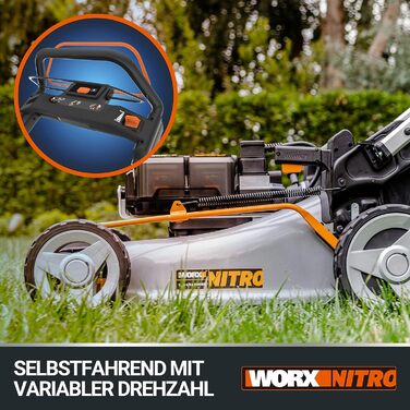 Професійна акумуляторна газонокосарка WORX WG761E Nitro 80V (4x20V), безщітковий двигун, колісний привід, ширина зрізу 51 см