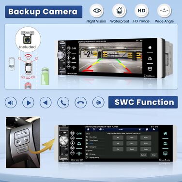Бездротова автомобільна стереосистема Apple Carplay з екраном Камера заднього виду 7 Автомобільна радіостанція з ручним висувним дисплеєм з бездротовим Android Auto Mirror Link FM-радіо Bluetooth SWC USB Type-C Мікрофон 7'CAM3 (5.1'CAM3), 1 Din