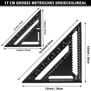 И Метрична трикутна лінійка 18см і 30см з столярним олівцем і 6 грифелями, багатофункціональний столярний косинець з алюмінієвого сплаву, розмічальний інструмент для деревообробки, 2 шт.