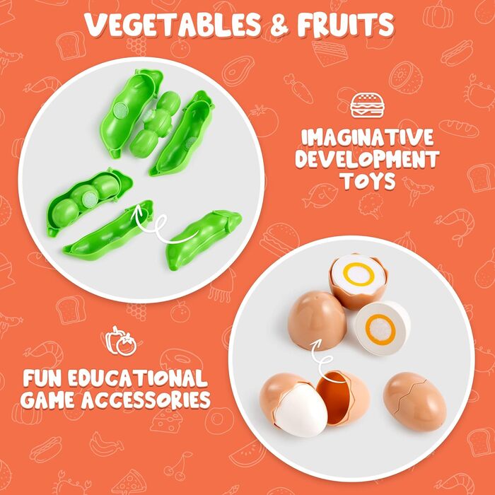 Ріжучі ігрові харчові іграшки для кухні для малюків, підроблена їжа включає пластикові фрукти та овочі, кошик для зберігання, міні-посуд та ножі для подарунків малюкам, 68 шт.