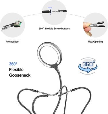 Лупа з легким третьою рукою Паяння 3-кратним збільшенням Допомагаючі руки Лампа-лупа з підсвічуванням з 28 світлодіодами з регулюванням яскравості, потужна база 4 гнучкі допоміжні кронштейни з підсвічуванням для рукоділля, паяння, хобі Сірий