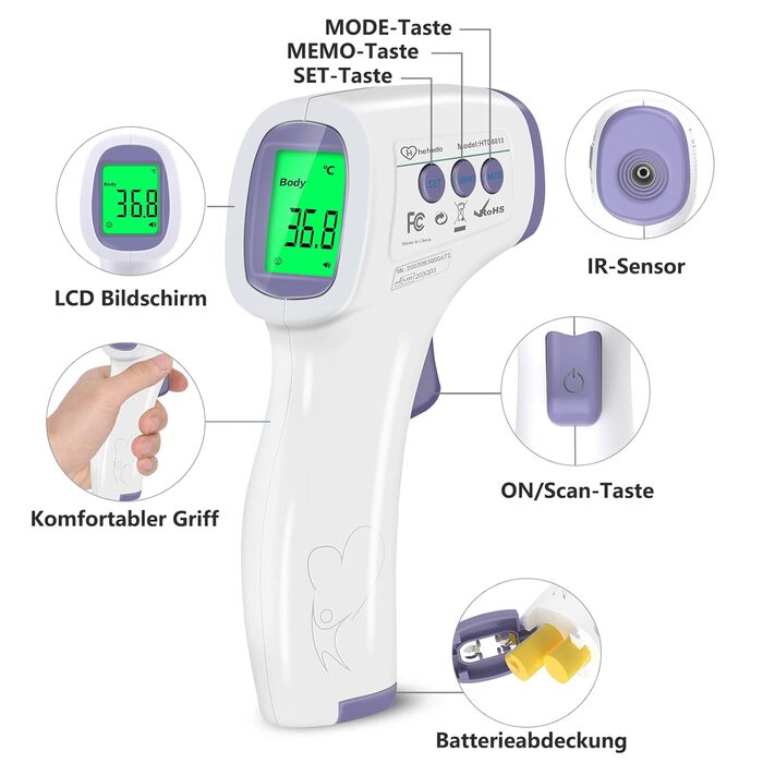 Клінічний термометр Безконтактний інфрачервоний налобний термометр для немовлят дорослих дітей, цифровий термометр Лихоманка з точними показаннями, сигналізація лихоманки, РК-дисплей, функція пам'яті 50 Білийфіолетовий