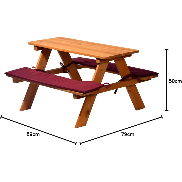 Міцна лавка для чотирьох дітей з дерева FSC з відповідними подушками для сидіння 89 x 79 x 50 см, коричневий/червоний, компактна З подушками для сидіння, 94353FSC
