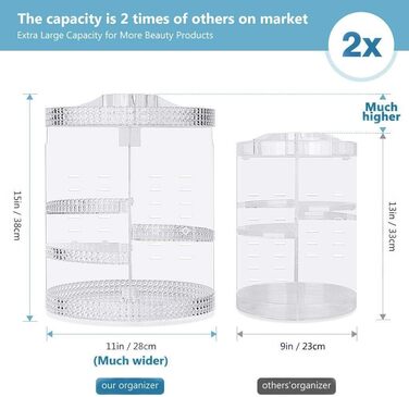 Обертовий акриловий органайзер для макіяжу для зберігання косметики 7 регульованих рівнів Багатофункціональна коробка для зберігання косметики підходить для комода, спальні, ванної кімнати Clear 15 дюймів, 360