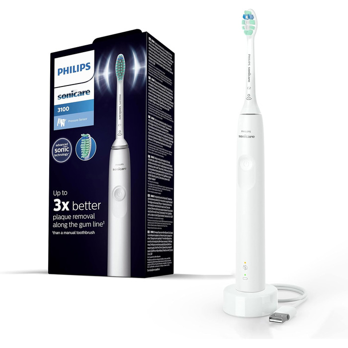 Електрична зубна щітка Philips Sonicare Sonic серії 3100 із вбудованим датчиком тиску, SmarTimer і QuadPacer, біла, HX3671/13