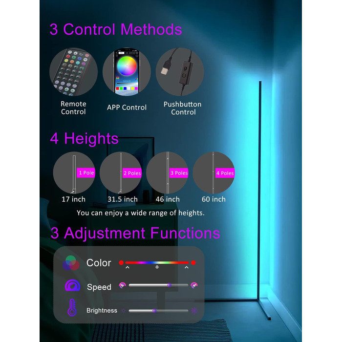 Світлодіодний торшер Sotipevs Вітальня, 153 см торшер з регулюванням яскравості, синхронізація музики, режим зроби сам, кутовий світильник RGB з пультом дистанційного керування та додатком, торшер для вітальні, спальні, ігрової кімнати