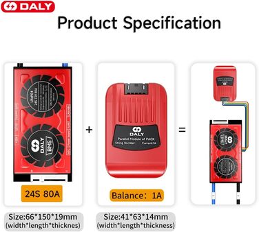 Паралельний модуль DALY BMS 1 A з вентилятором Smart BMS LiFePo4 8S 24 В 250 А та портом CAN, Smart BMS Bluetooth ключ для літієвих акумуляторів 3,2 В, інвертор, ДБЖ та домашня система зберігання (Lifepo4 24S 72V CAN BT, 80AParallel Module1A)