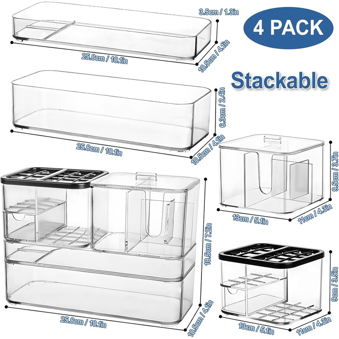 Набір косметичних органайзерів IWTTWY, акриловий органайзер для макіяжу різних розмірів, штабельований туалетний столик для зберігання губної помади Підводка для очей Гель для нігтів Пензлик для макіяжу (прозорий) Туалетний столик Органайзер Костюм
