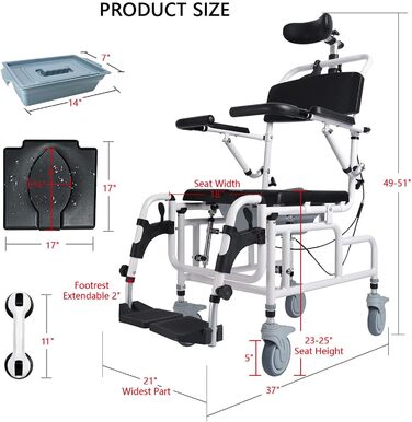 Крісло для душу ZAANU з підголівником, душ/туалет/крісло для транспортування з підлокітниками та спинкою, інвалідна кабіна з нахилом 45, нічні туалети для людей похилого віку