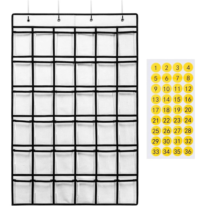 Сумка для зберігання мобільних телефонів, Класна кімната, Підвісний органайзер з 36 кишенями, Канцелярське приладдя для гуртожитків, будинків, включаючи наклейки з номерами, Флізелін, Білий