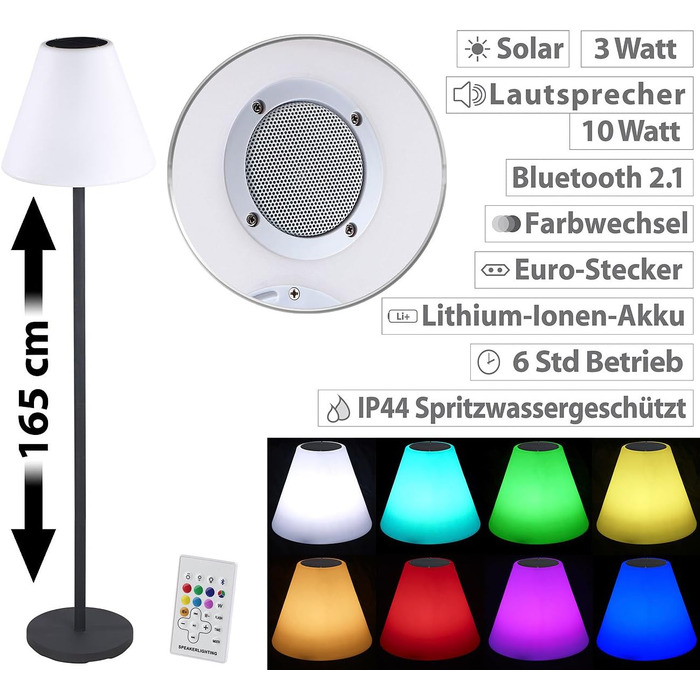 Торшер на сонячних батареях Lunartec сонячний світлодіодний торшер, динамік, Bluetooth, 7 кольорів, 50 лм, 2.4 Вт (торшер з динаміком, торшер з музикою, садовий світильник, торшер)