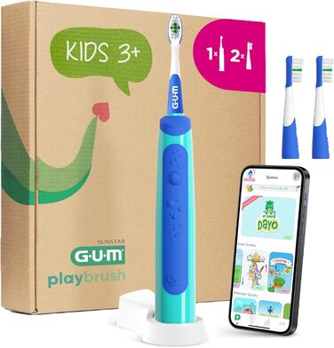 Електрична зубна щітка GUM Playbrush KIDS 3 Інтерактивний ігровий додаток 2 режими очищення Дуже м&39яка щетина Батарея на 8 тижнів Таймер звукова зубна щітка, акумуляторна 2 додаткові насадки для щіток Синій