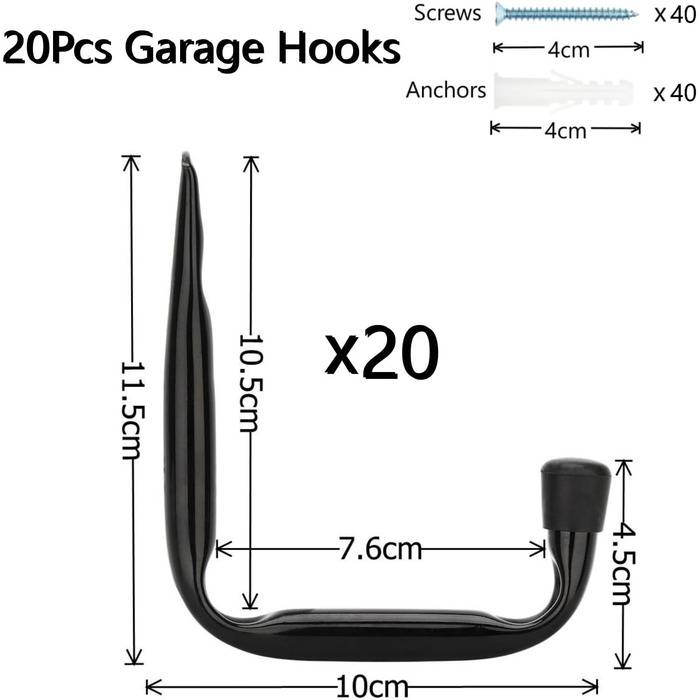 Гачки для зберігання в гаражі, міцні J-образні гачки, настінні, садові інструменти, органайзери для зберігання (11,5см х 10см) 11,5см х 10см, 20 шт.