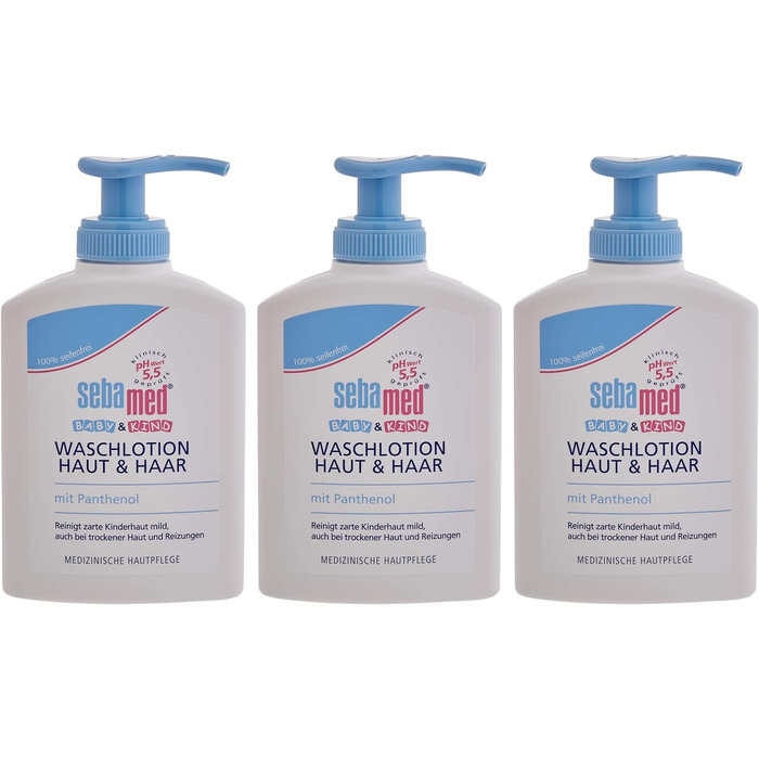 Шампунь для шкіри та волосся Sebamed Baby and Child Wash Lotion 3 упаковки, м'яко очищає ніжну дитячу шкіру, навіть при сухості та подразненні, шампунь і гель для душу, 200 мл (3 шт. в упаковці) 3 упаковки, 3 x 200 мл