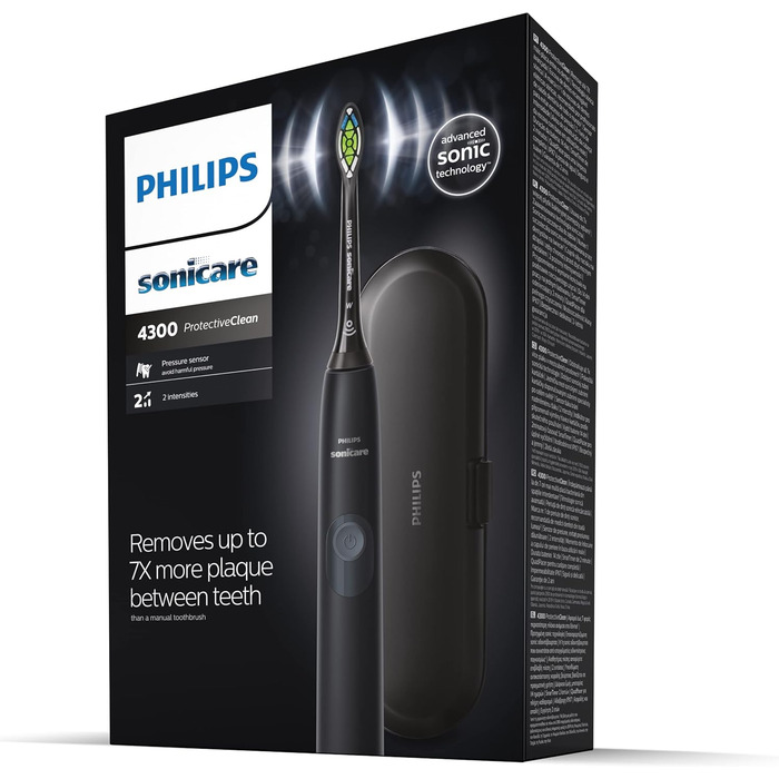 Звукова електрична зубна щітка Philips Sonicare HX6800/87 ProtectiveClean 4300 із вбудованим датчиком тиску, 1 режимом чищення, 1 x функцією BrushSync, чорно-сіра, 2-контактна вилка