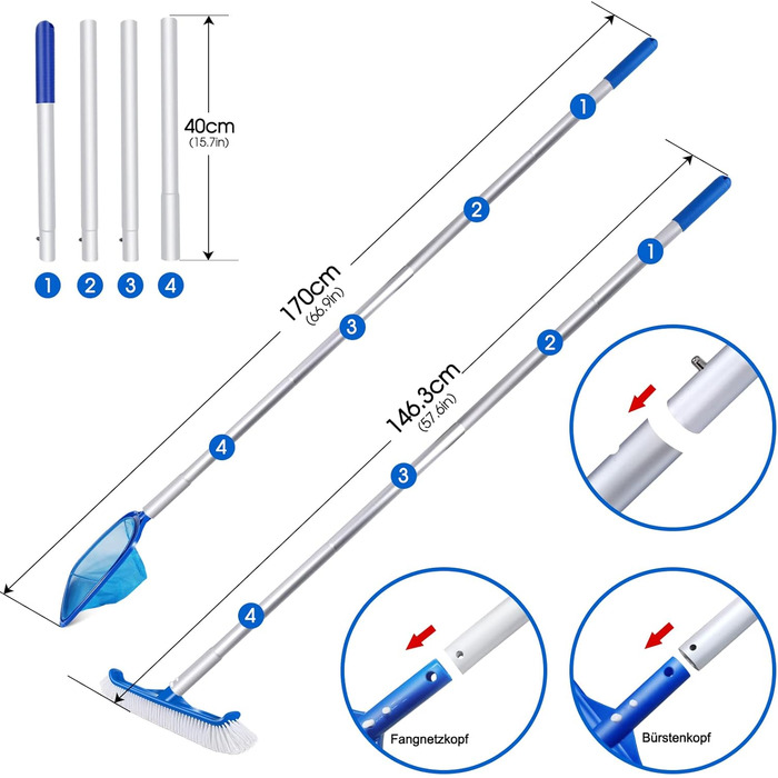 Набір для чищення басейну MASTERTOP 3 шт., набір для чищення аксесуарів для басейну, регульована щітка для басейну з алюмінієвою ручкою та сіткою для басейну, мітла для басейну, щітка для басейну, щітка для підлоги для басейну