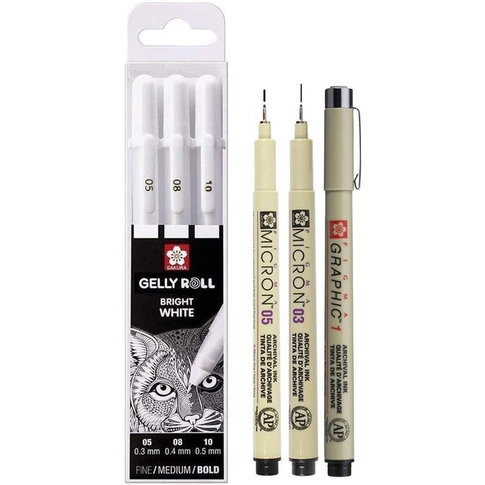 Ручки Яскрава Біла Sakura Pigma Micron Black, 03,05,1 мм, 3