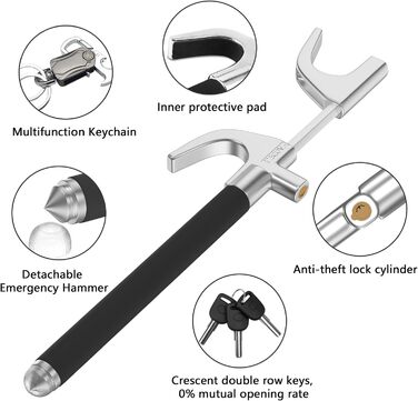 Кіготь керма IMAYCC, Блокування керма для захисту автомобіля, Паркувальний затискач універсальний для автомобілів, Блокування керма з 3 ключами, Аварійний молоток автомобіля, Іммобілайзер будинок на колесах.